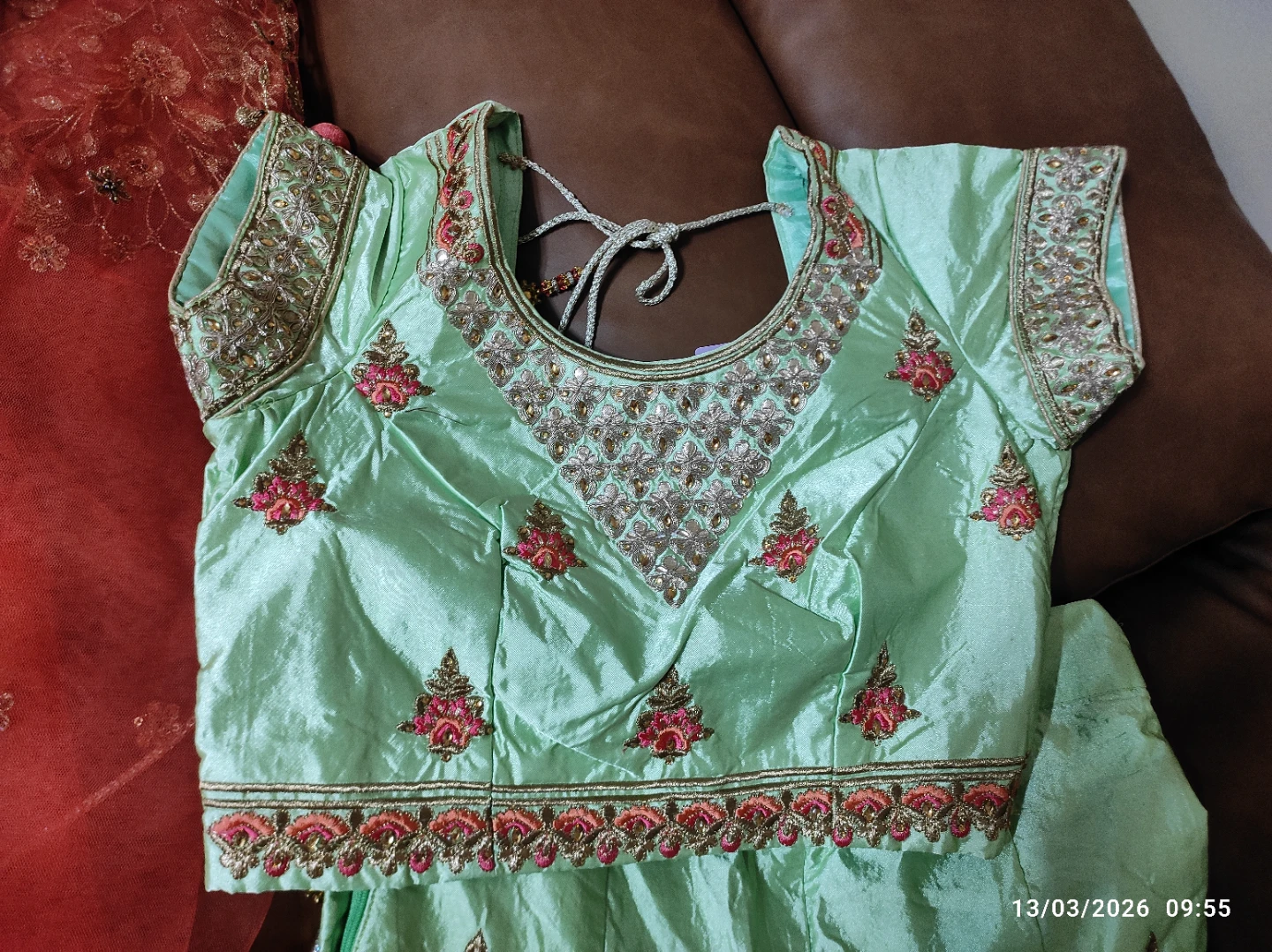 Light Green Embroidered Lehenga Choli Set with Orange Dupatta - photo 2
