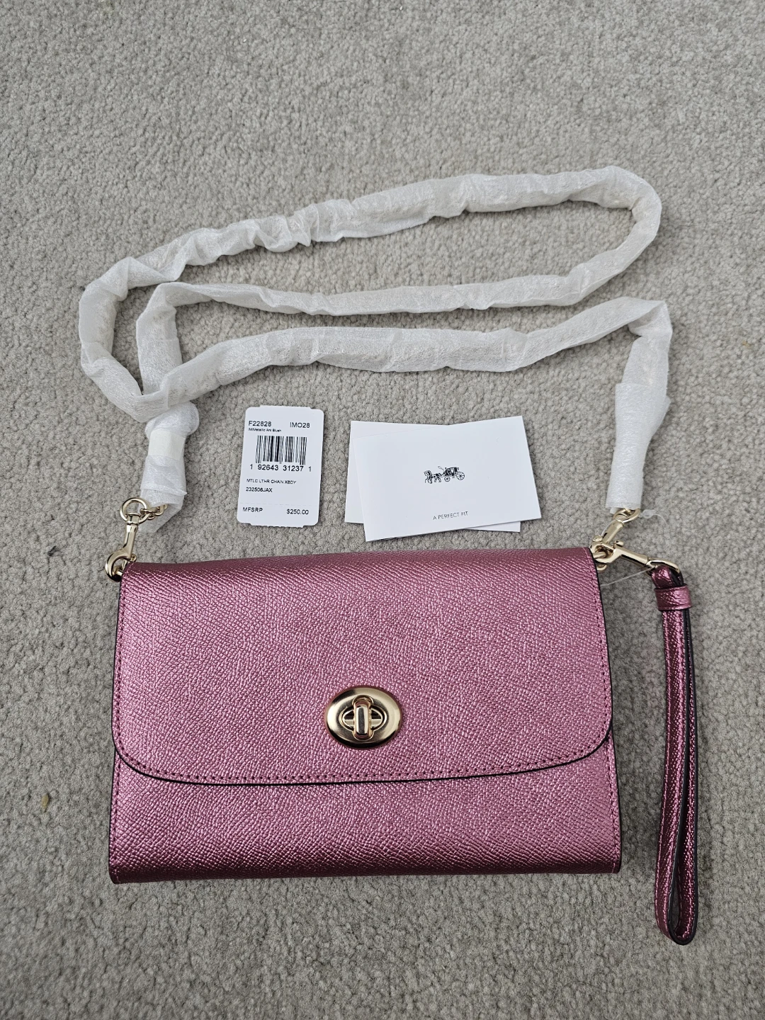 Authentic Coach Crossbody Wallet Pink Metallic Leather
