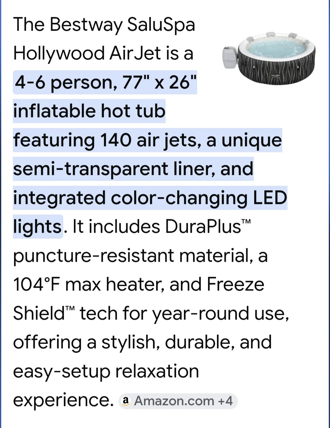 Bestway SaluSpa Hollywood AirJet Inflatable Hot Tub 4-6 Person - photo 2