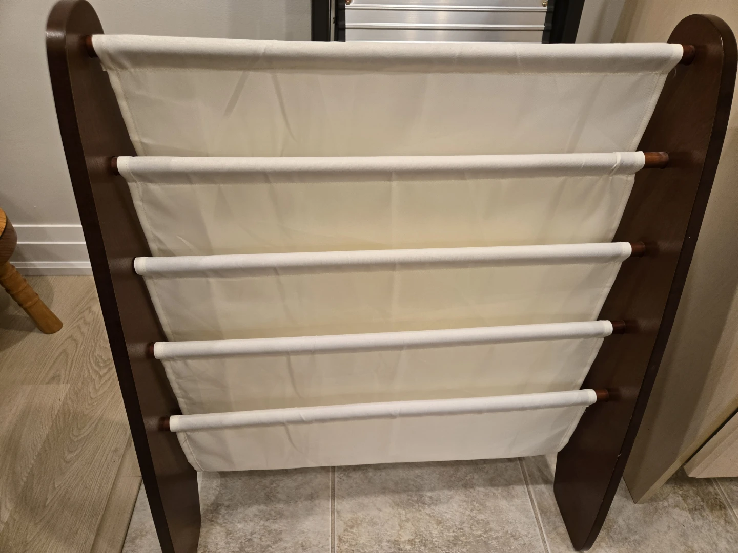 Wooden Bookshelf with Cream Fabric Shelves