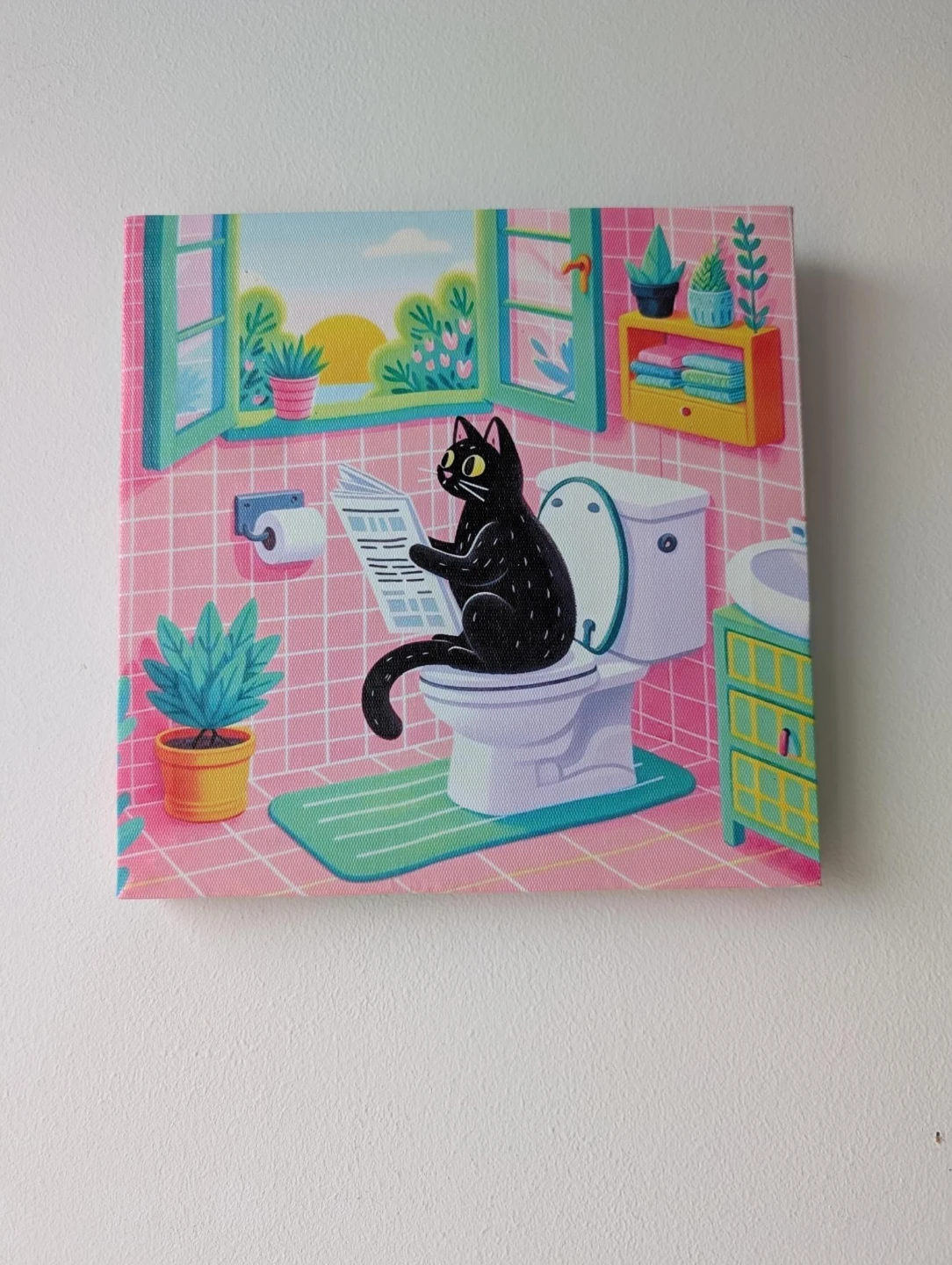 Framed New Canvas Print - Cat on Toilet Reading Newspaper