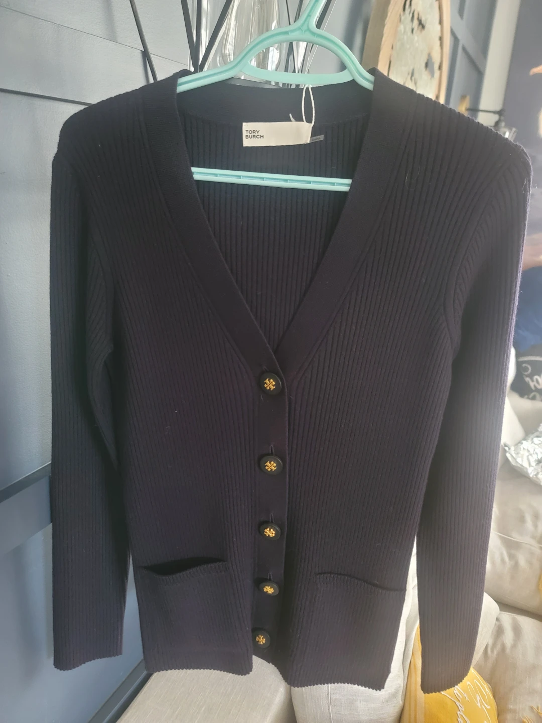 Tory Burch Ribbed Simone Cardigan - Navy - Medium