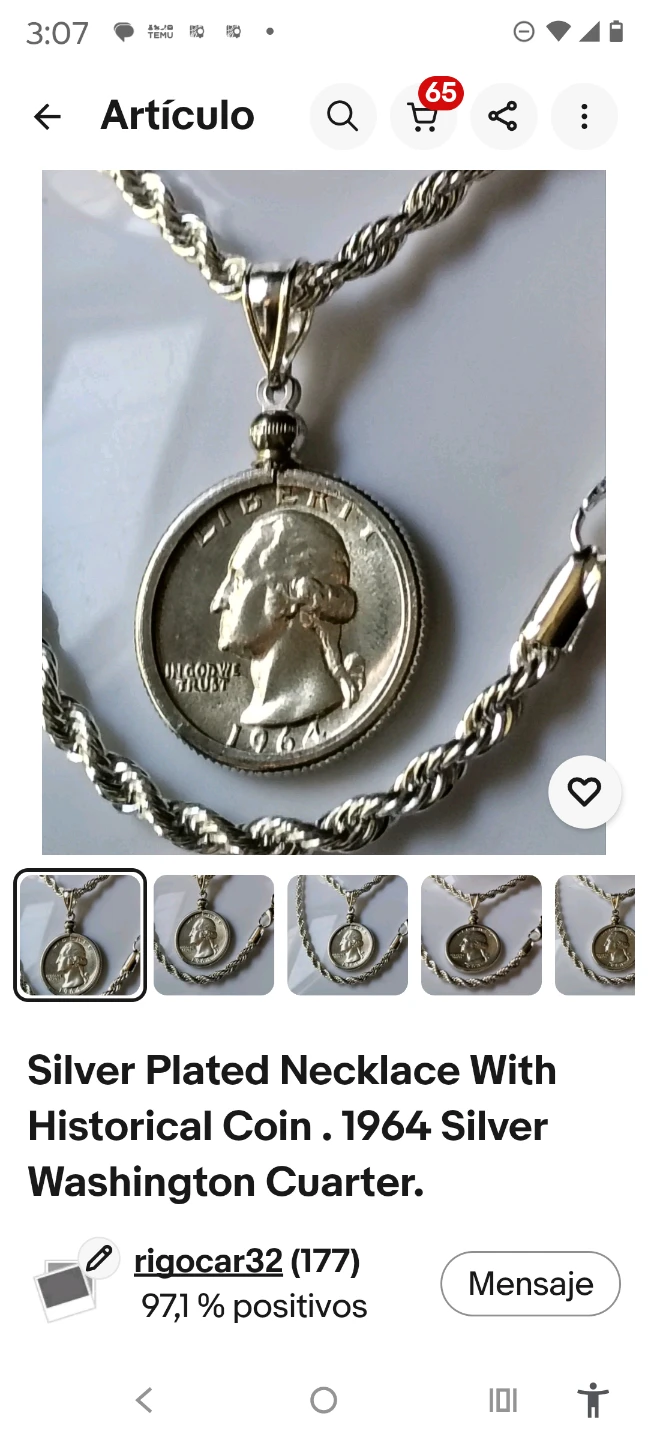 Silver Plated Necklace With 1964 Washington Quarter Coin - photo 2