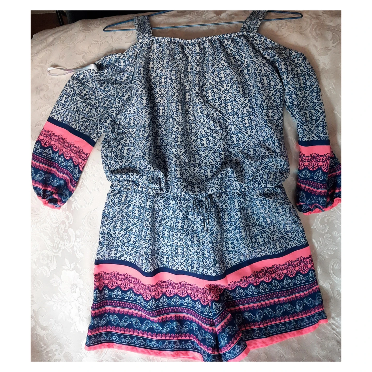 Blue and Pink Patterned Cold Shoulder Romper - photo 2