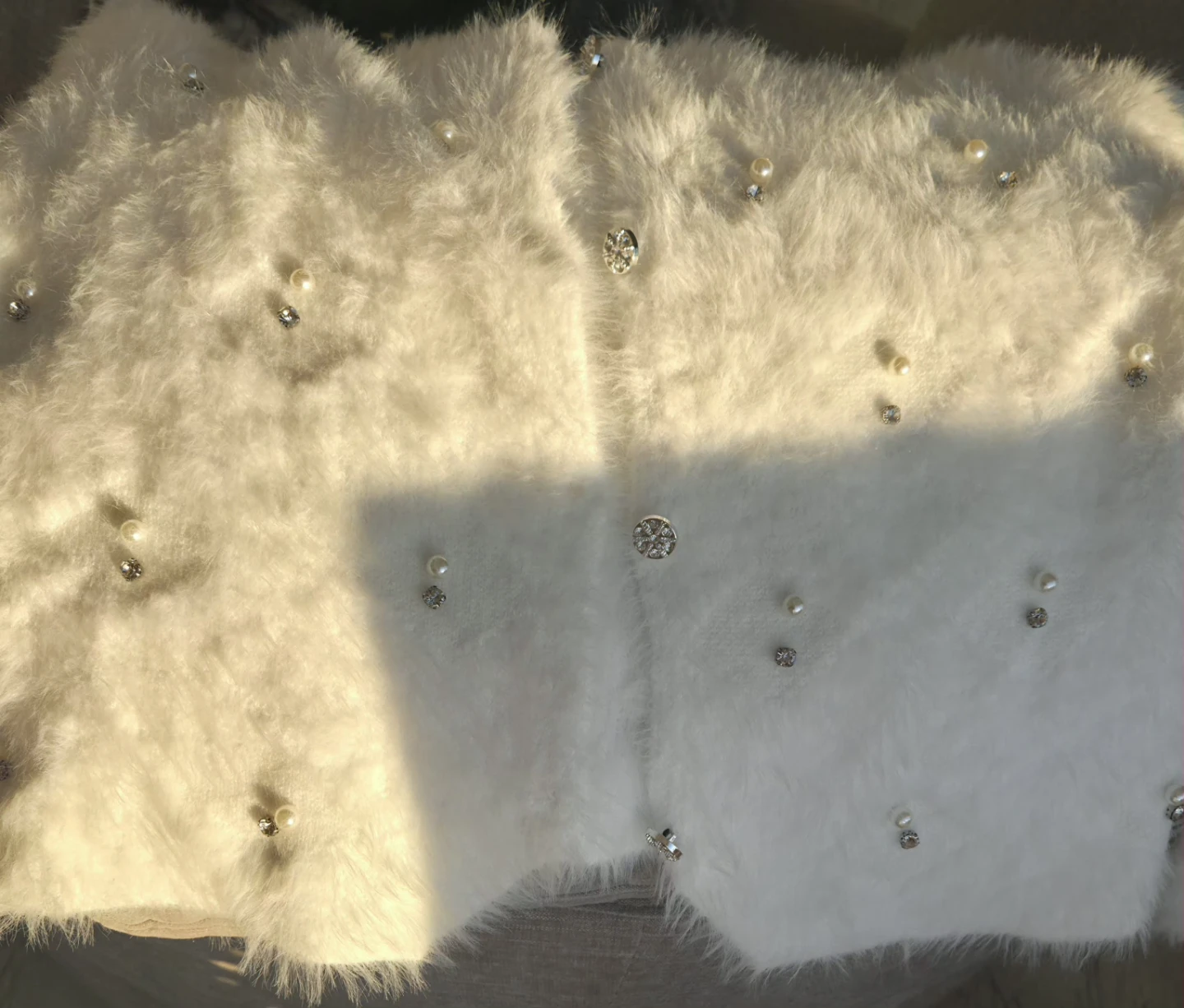 White Faux Fur Cardigan with Pearl & Rhinestone Embellishments