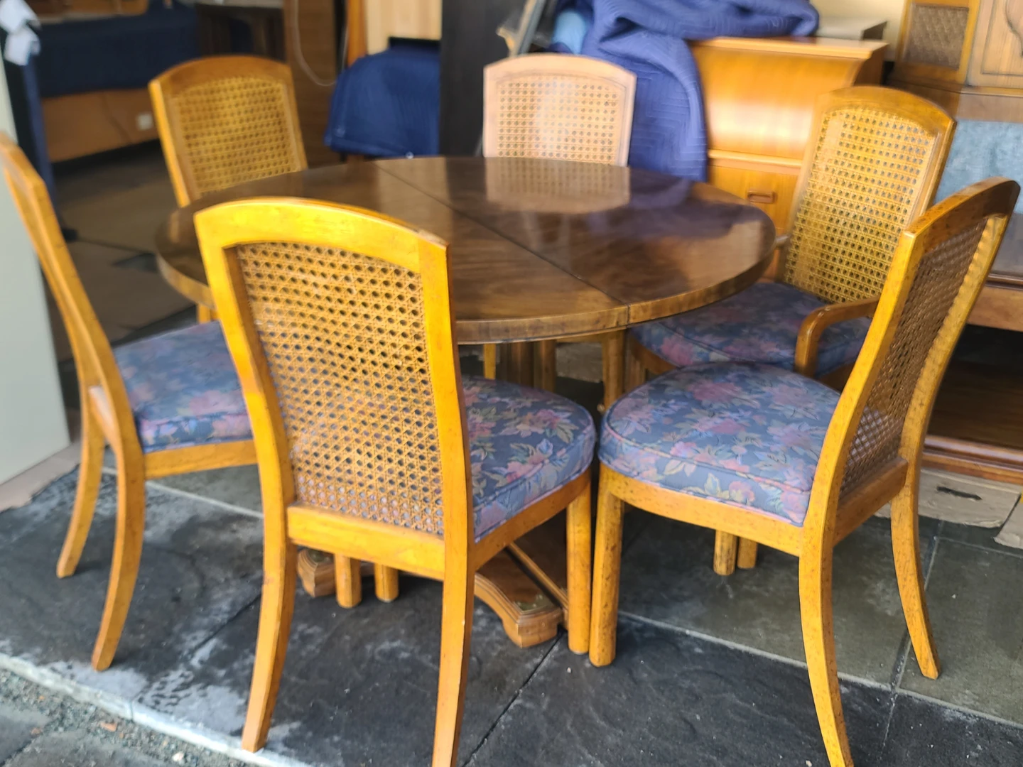 Extendable Wood Dining Table and 6 Cane Back Chairs