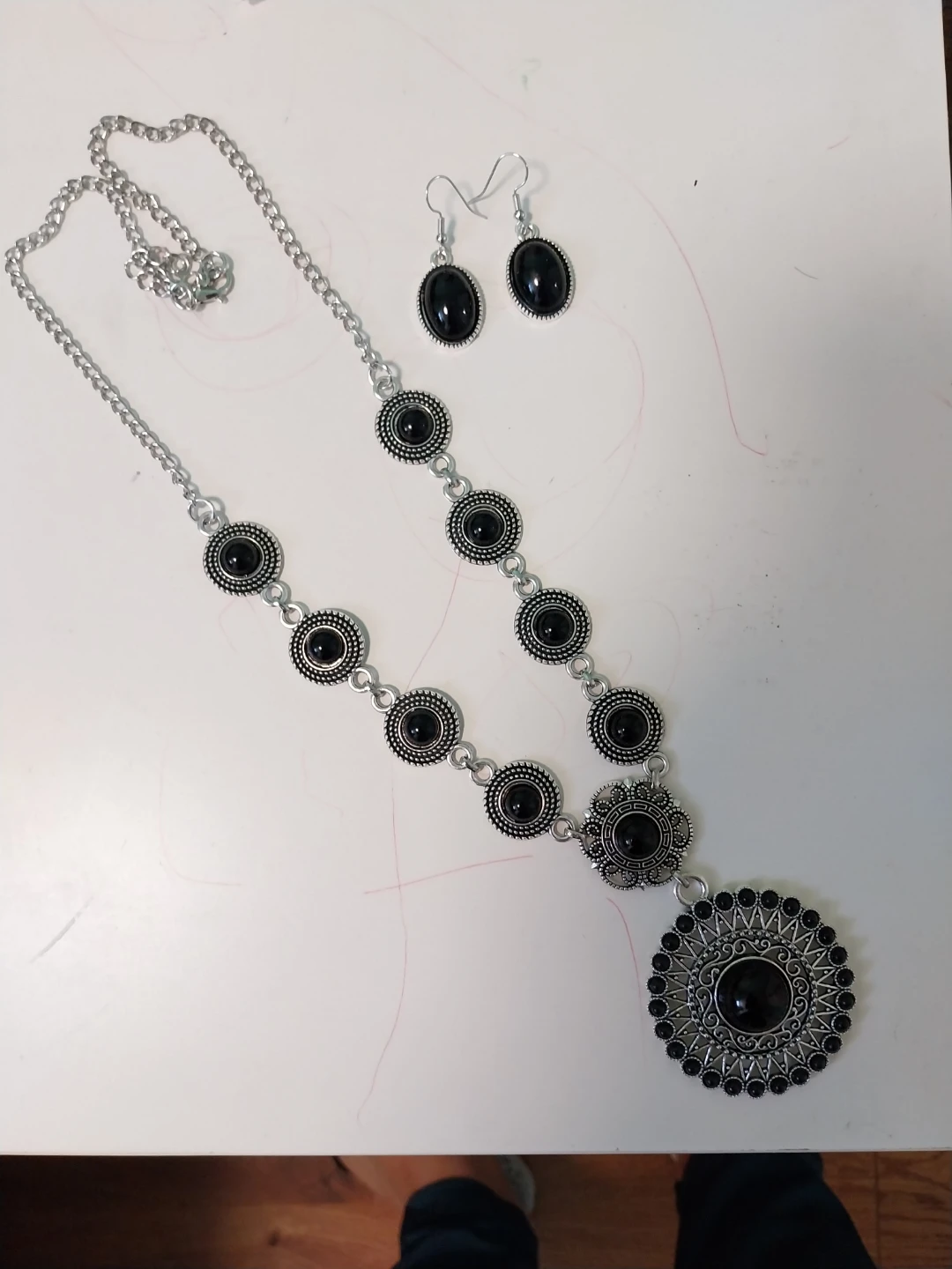 Silver-Tone Black Stone Necklace and Earring Set - photo 4