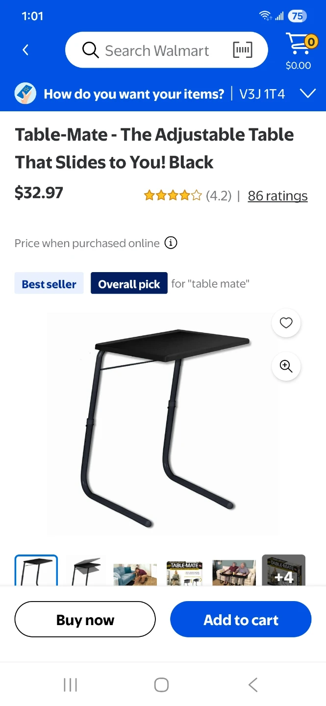 Table-Mate Adjustable Side Table Black