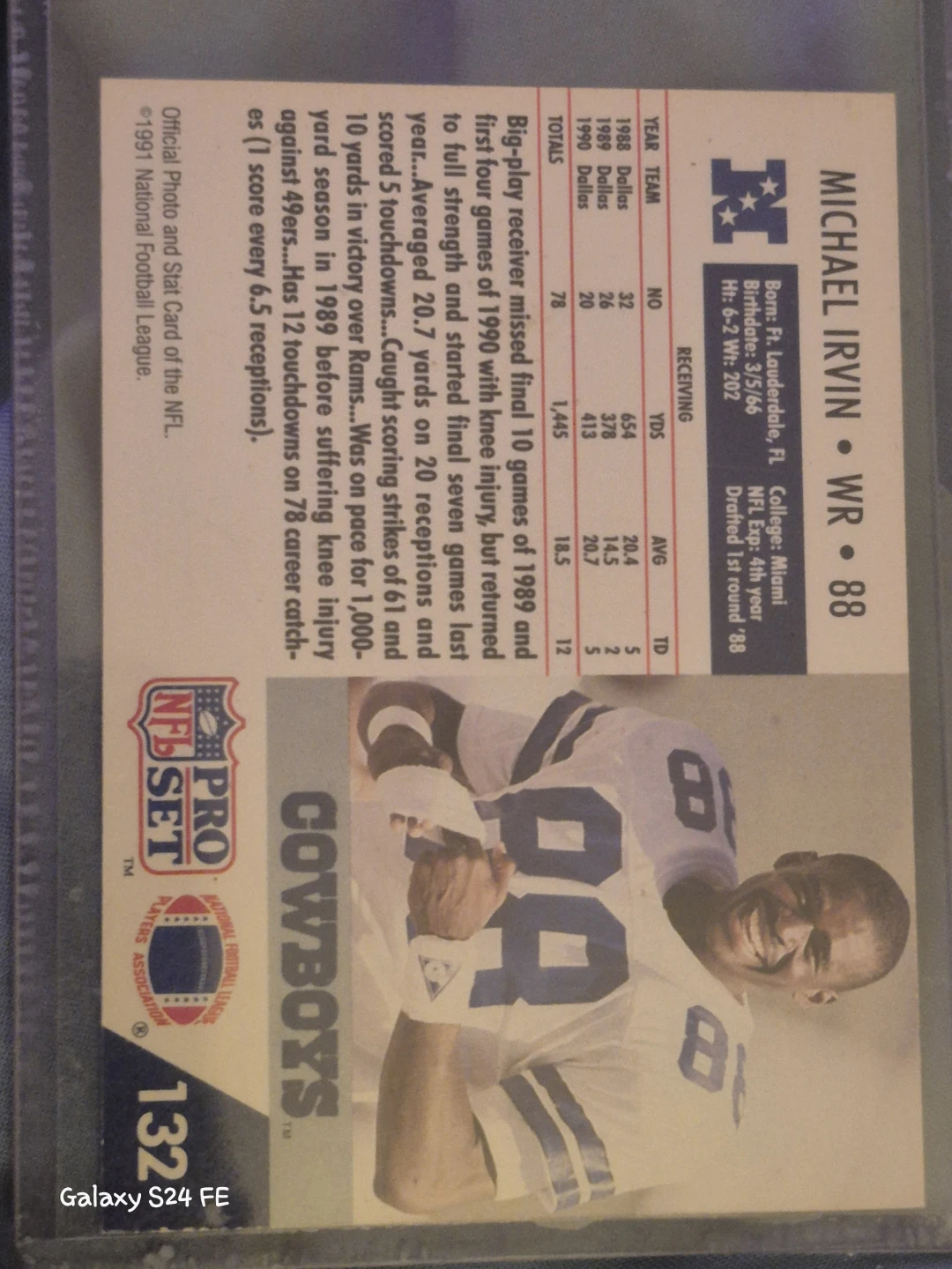 1991 Pro Set Michael Irvin Dallas Cowboys Football Card #132 - photo 2