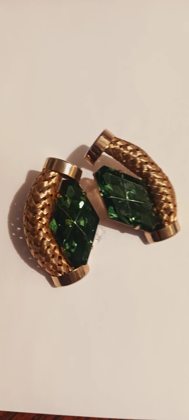Rare Vintage Gold Tone Woven Green Cabochon Earrings