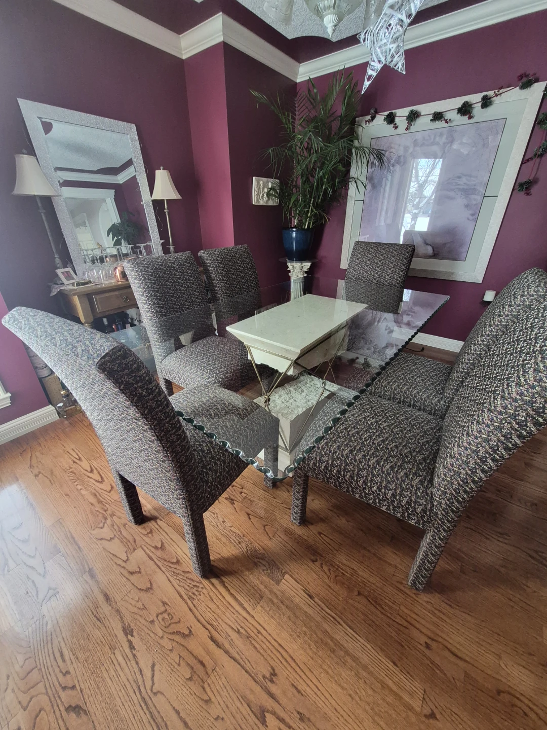 Glass Dining Table with Unique Stone Pedestal