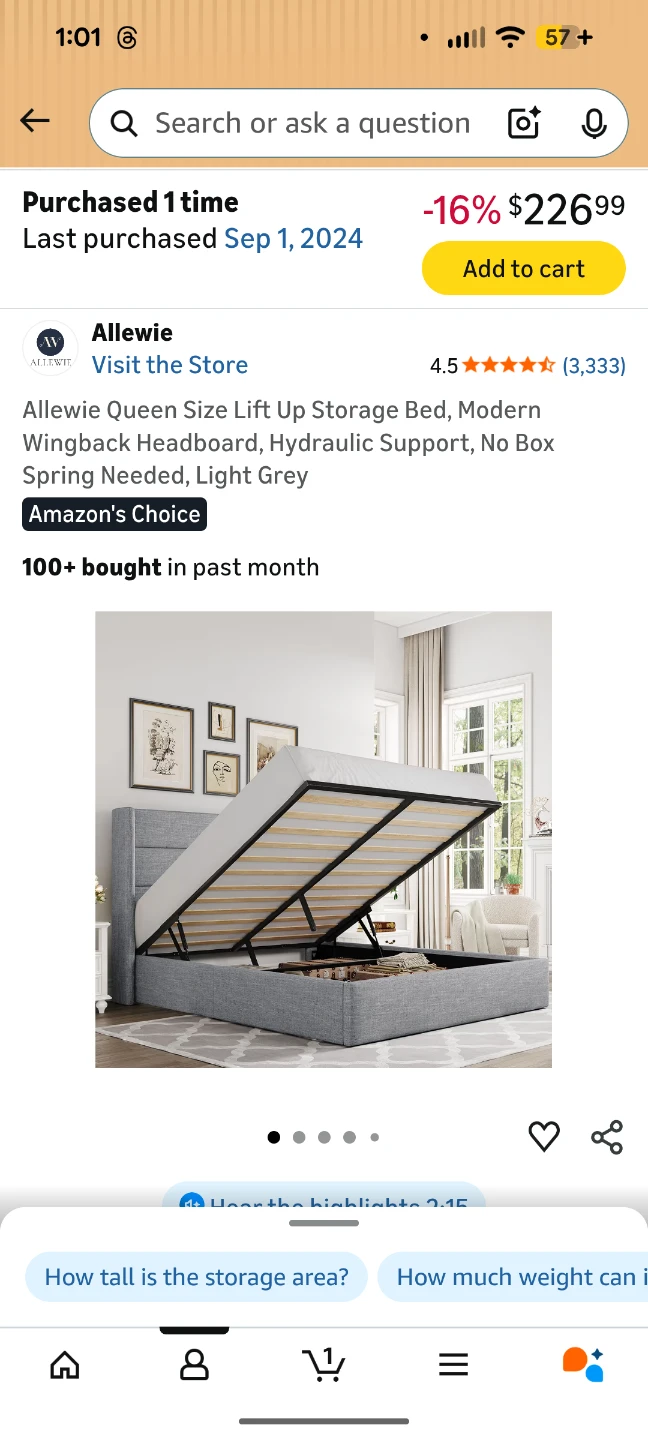 Allewiew Queen Size Lift Up Storage Bed frame