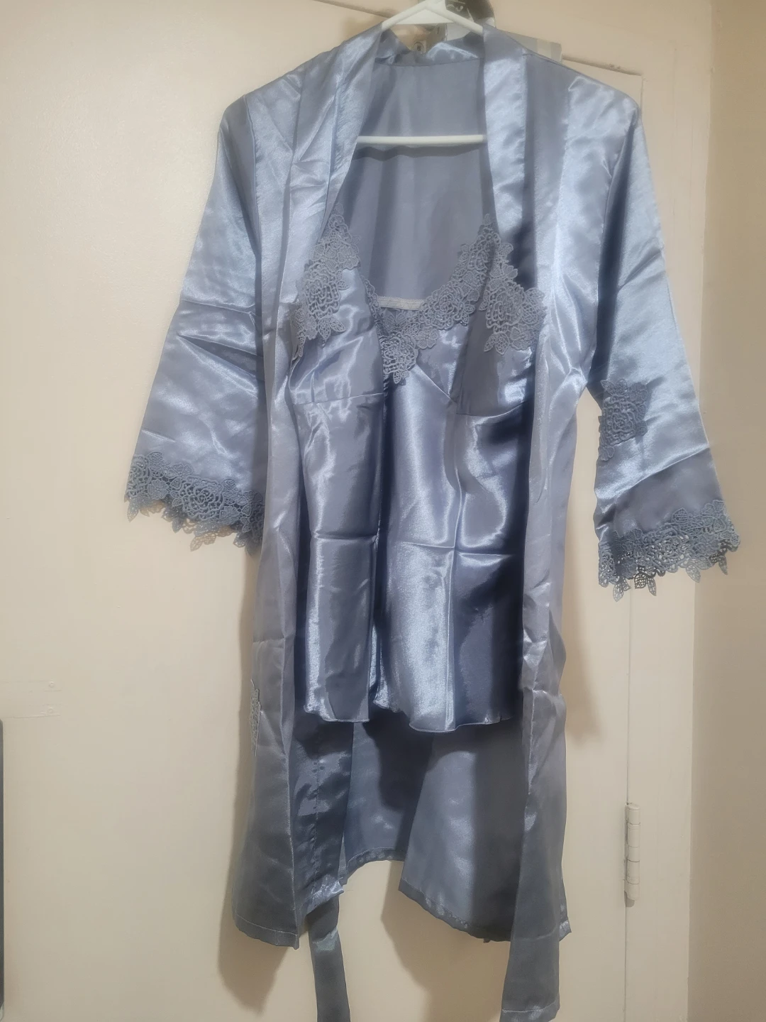 Blue Satin Pajama Set with Lace Trim