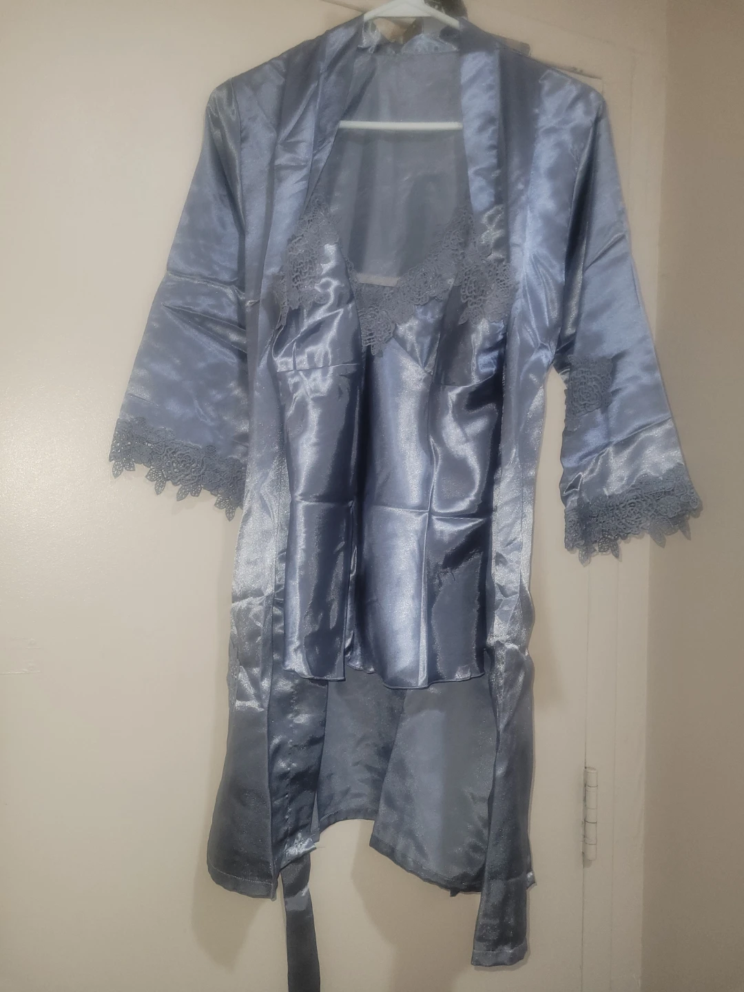 Blue Satin Pajama Set with Lace Trim - photo 2
