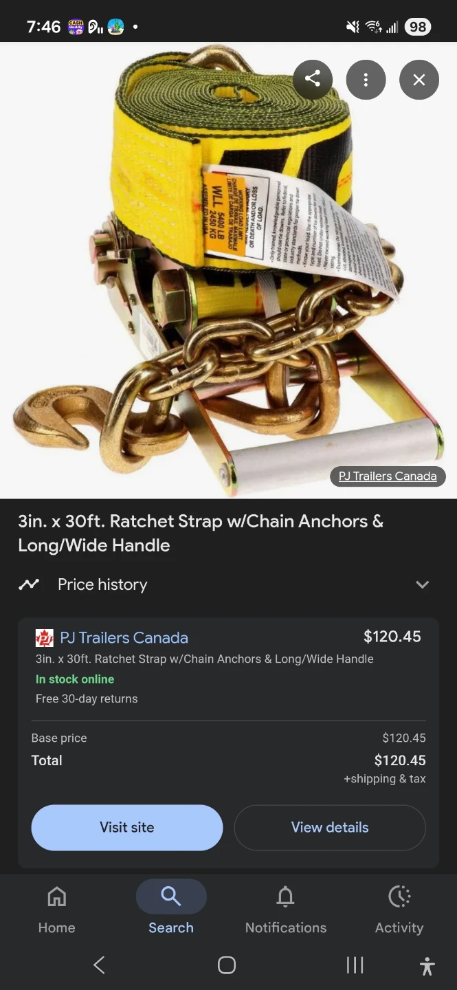 3in. x 30ft. Ratchet Strap w/Chain Anchors & Long/Wide Handle