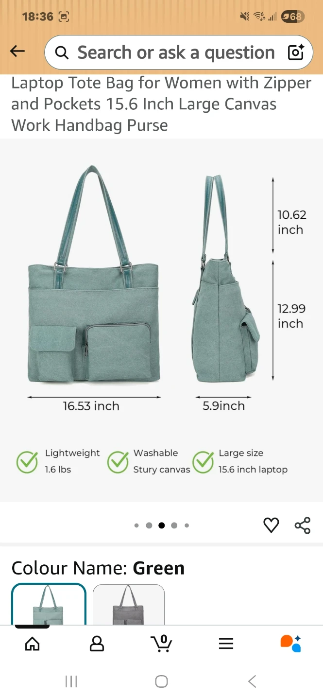 Green Laptop Tote Bag for Women - 15.6 Inch Canvas Work Handbag - photo 3