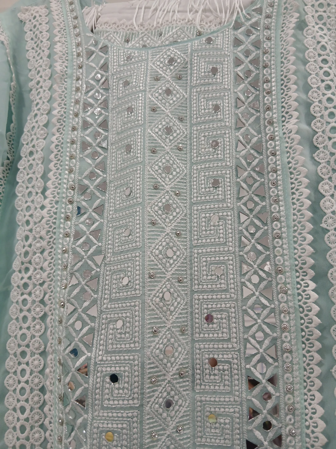 Light Blue Kaftan Dress with Mirror Work and Fringe - photo 3