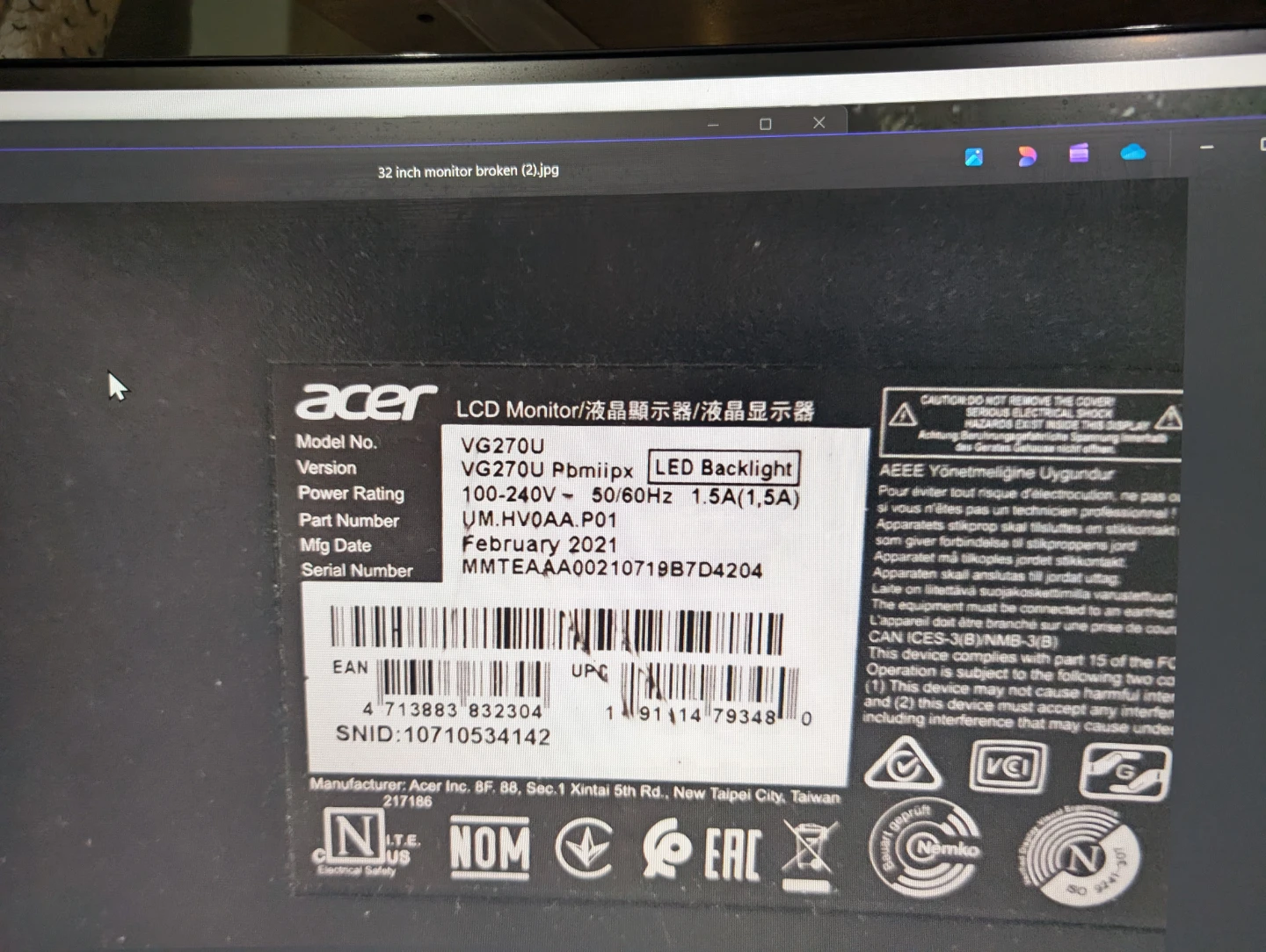 Acer VG27OU LCD Monitor (not working)