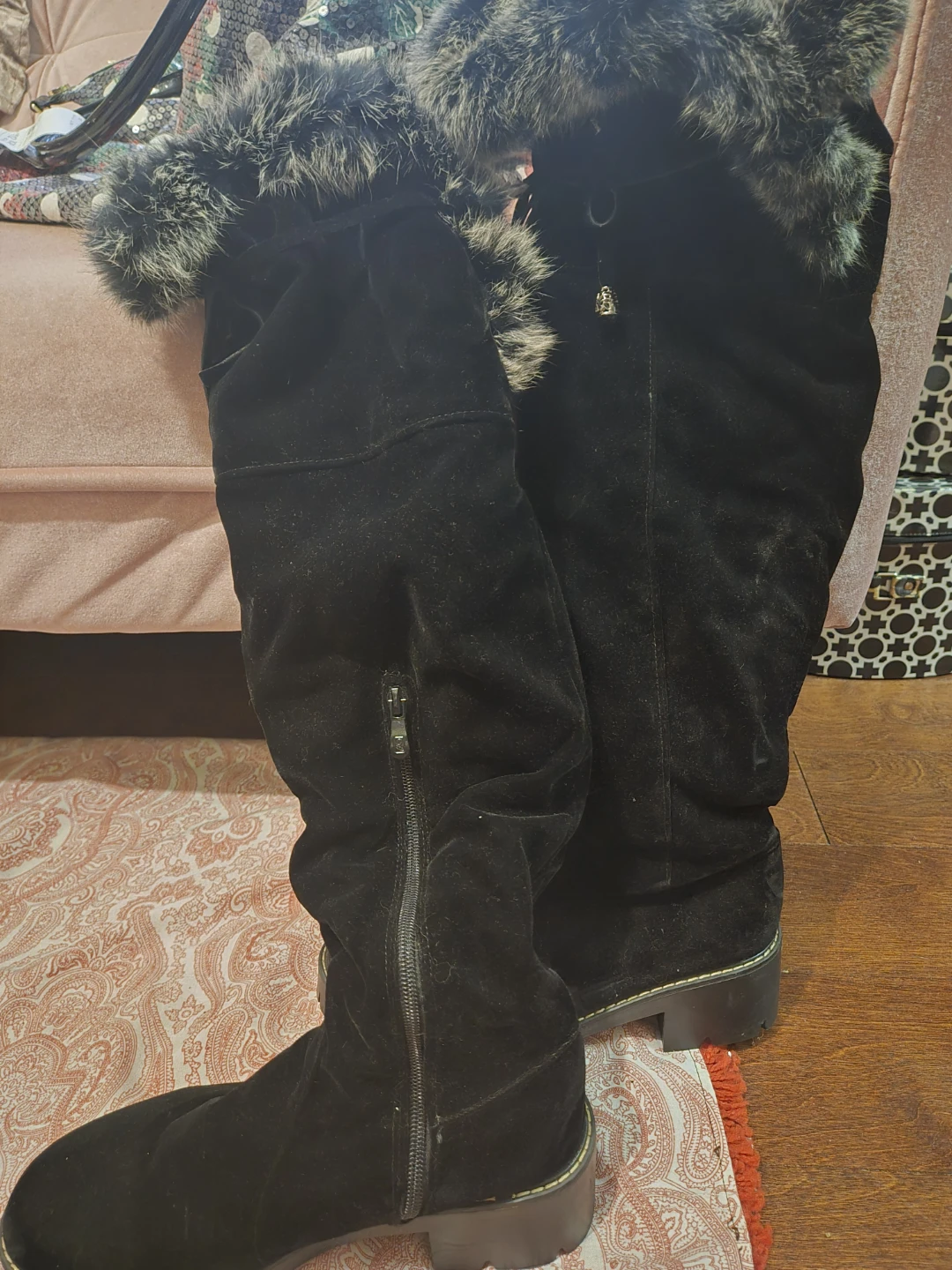Black Faux Suede Fur Trim Boots