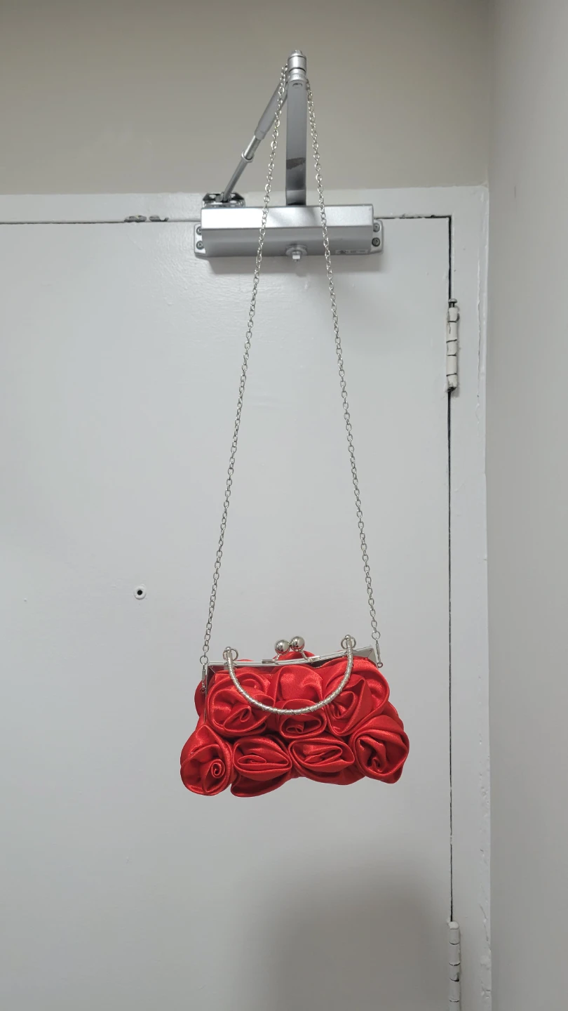 PROM BAG Red satin clutch purse with rose embellishments - photo 5