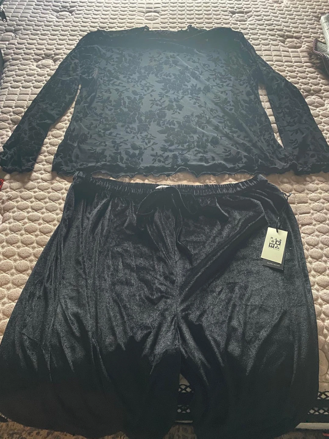 Black Velvet Floral Print Pajama Set