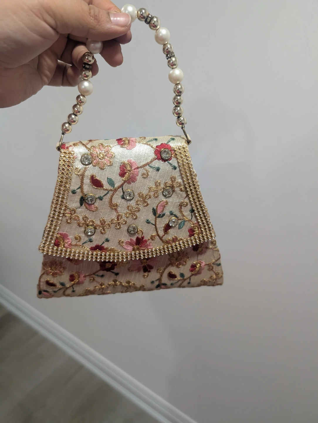 Embroidered Clutch Bag with Pearl Handle