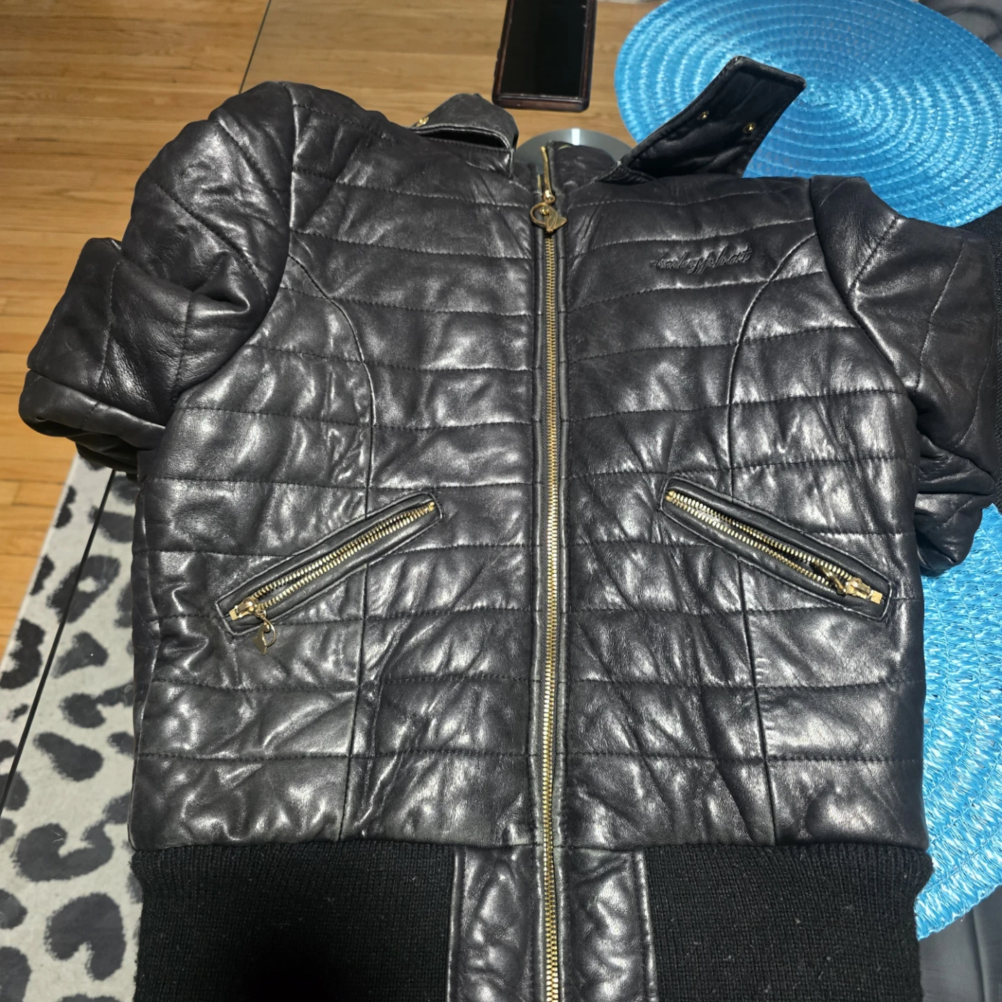 BABY PHAT  Black Quilted Leather Jacket with Hood - photo 4