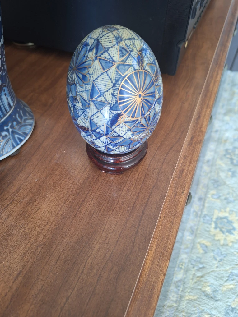 Decorative Ceramic Egg Blue White Gold Pattern - photo 2