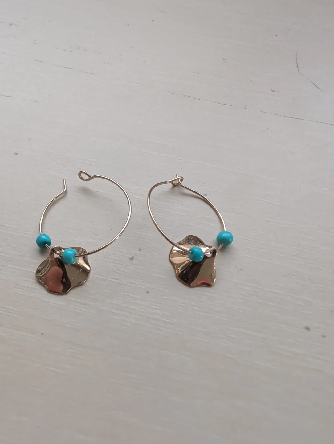 Gold Tone Hoop Earrings with Turquoise Beads