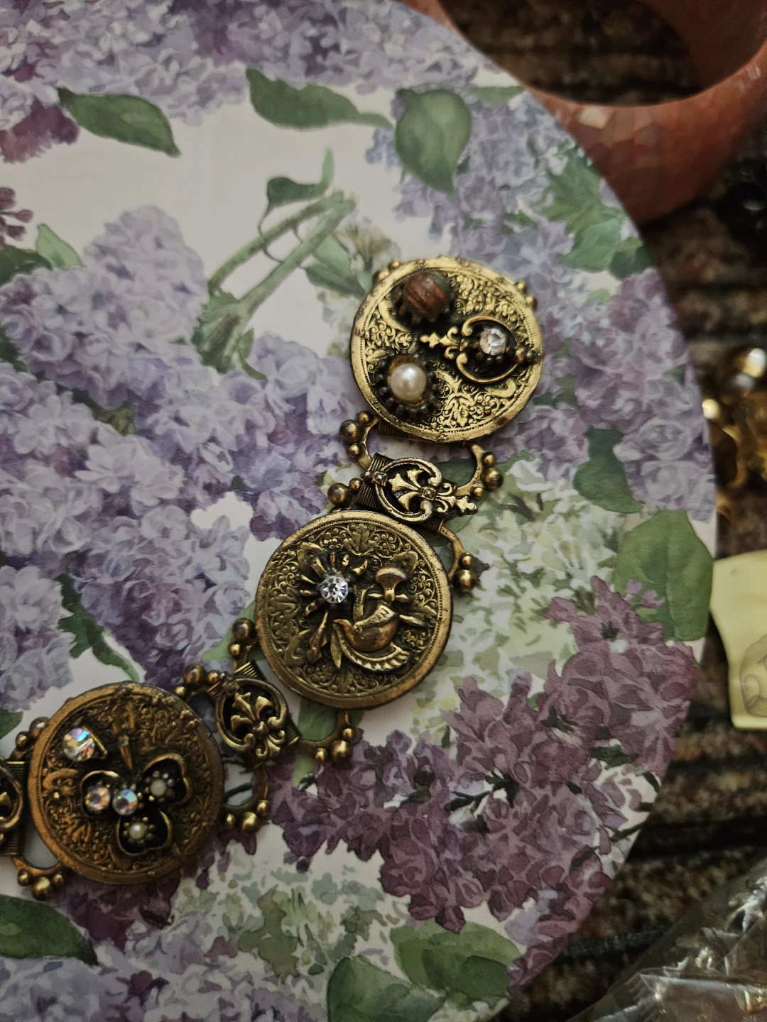 Vintage Ornate Bracelet with Blue Stone and Faux Pearls - photo 2