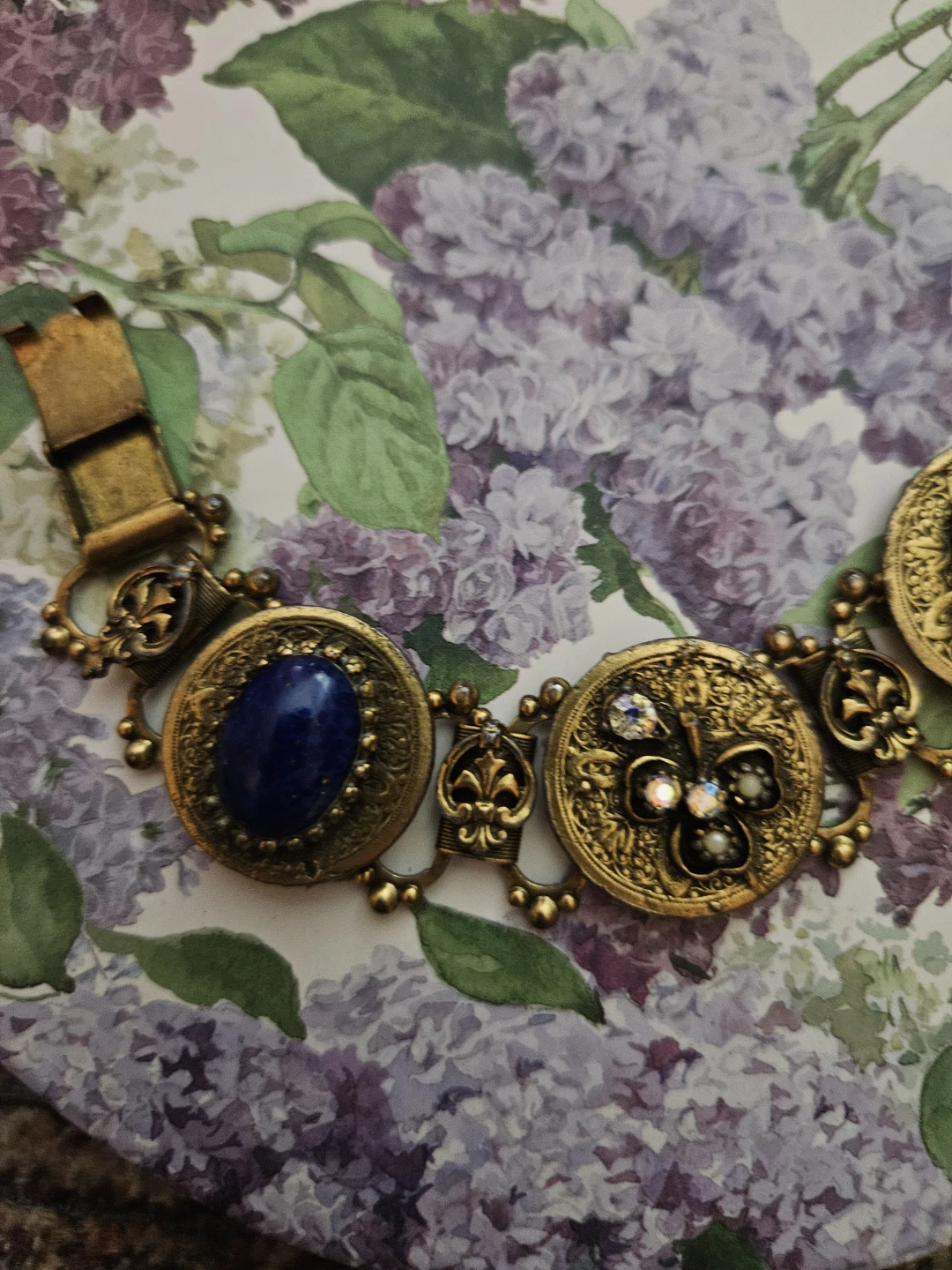 Vintage Ornate Bracelet with Blue Stone and Faux Pearls - photo 3
