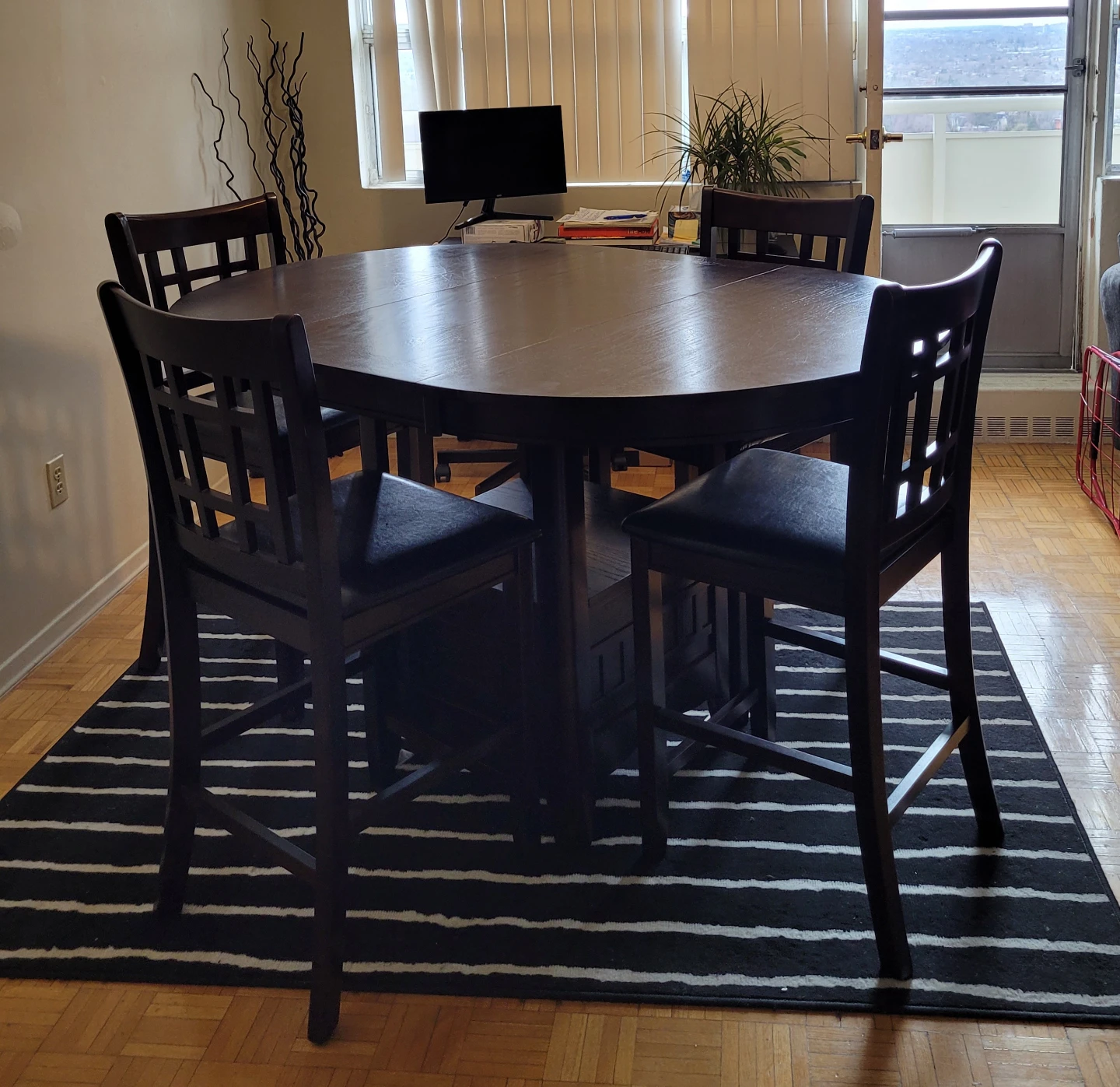Dark Wood Round Counter Height Dining Table Set with 4 Chairs