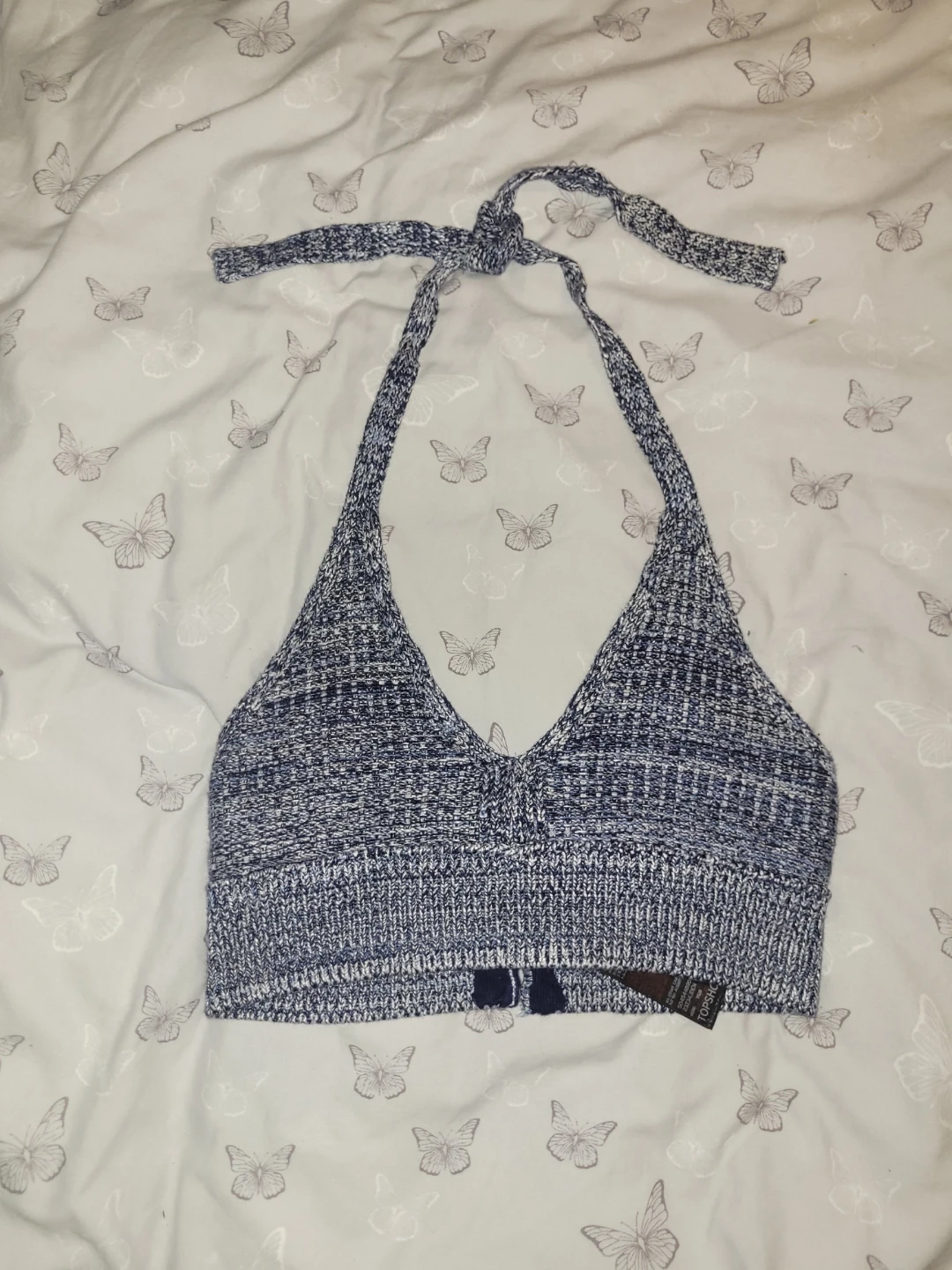 Topshop Blue & White Knit Halter Top - Size UK 10