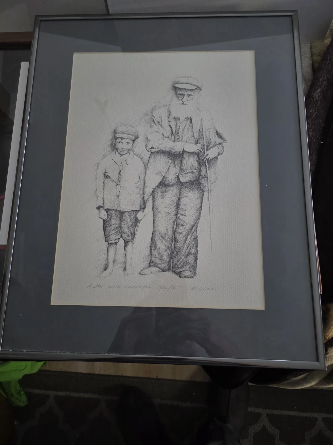 Framed Pencil Drawing "A Day With Grandpa" by M.Jana - 270/350