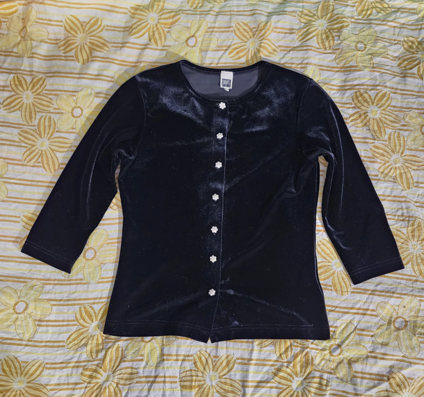 Black velvet button up top with flower buttons