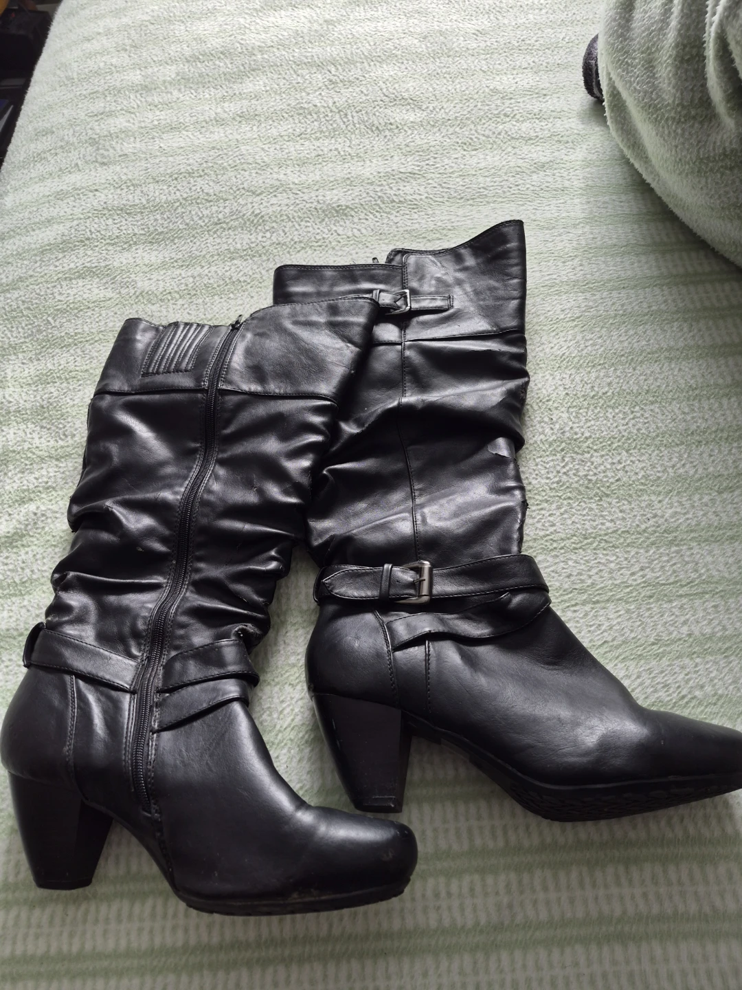Black Faux Leather Slouchy Boots with Buckle Detail