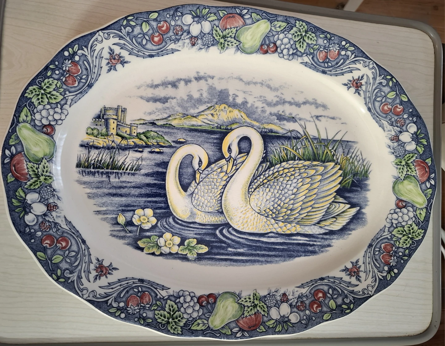 Large Oval Serving Platter with Swans and Castle Scene