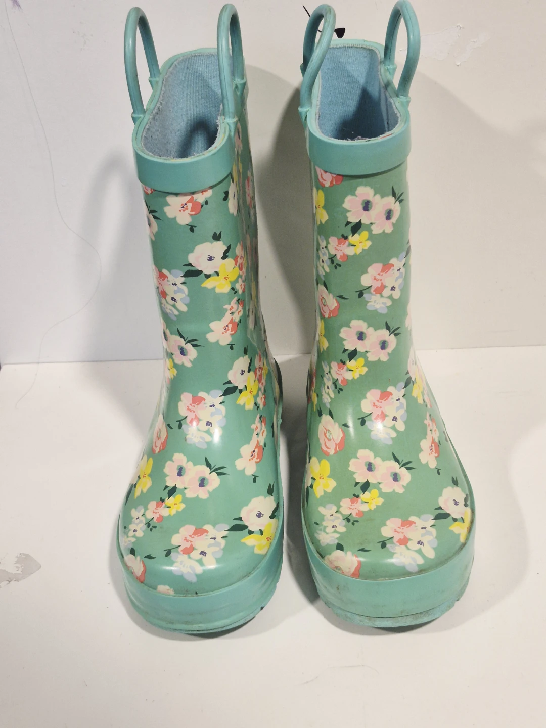 Adorable Mint Green Floral Rain Boots - Kids size 11