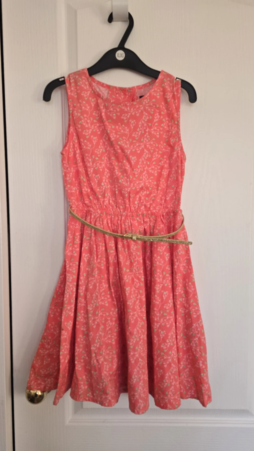 Kiabi Girls Coral Floral Dress with Gold Belt - Size 10Y