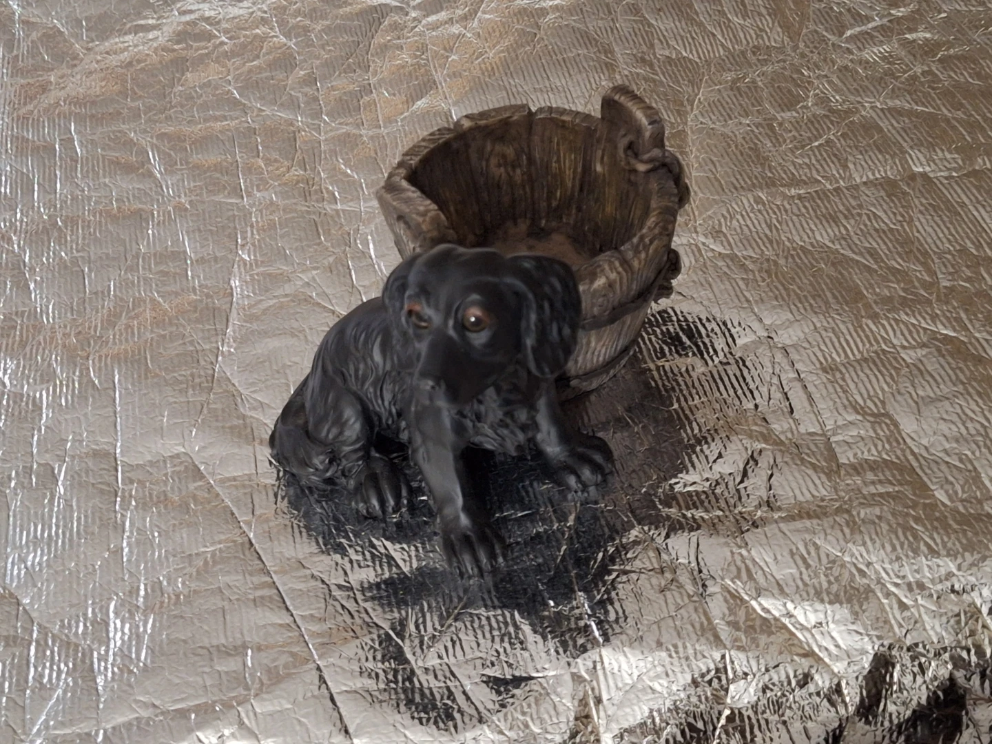 Dog with Wooden Bucket Figurine