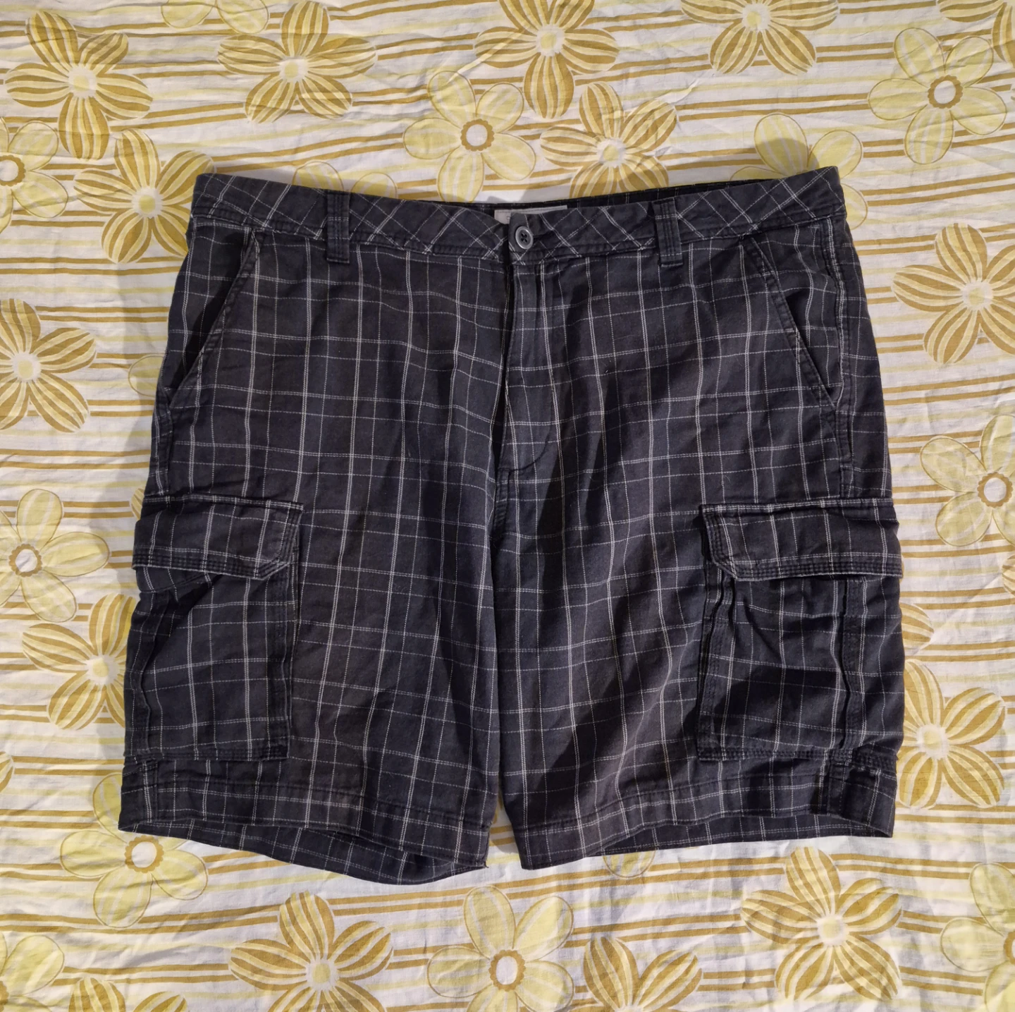 Black and grey plaid cargo shorts