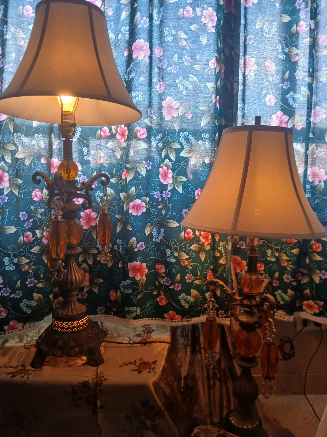 Vintage Amber Beaded Table Lamps Set of 2