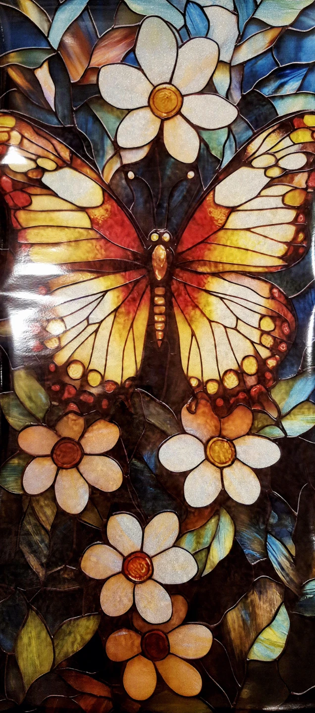 Butterfly and Flowers Stained Glass Window Film 39.3"×17.5"
