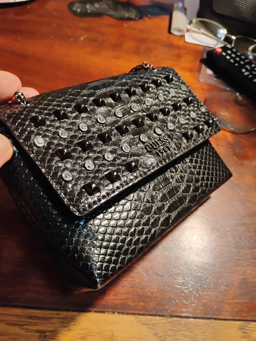 Guess Black Snake Print Studded Crossbody Bag