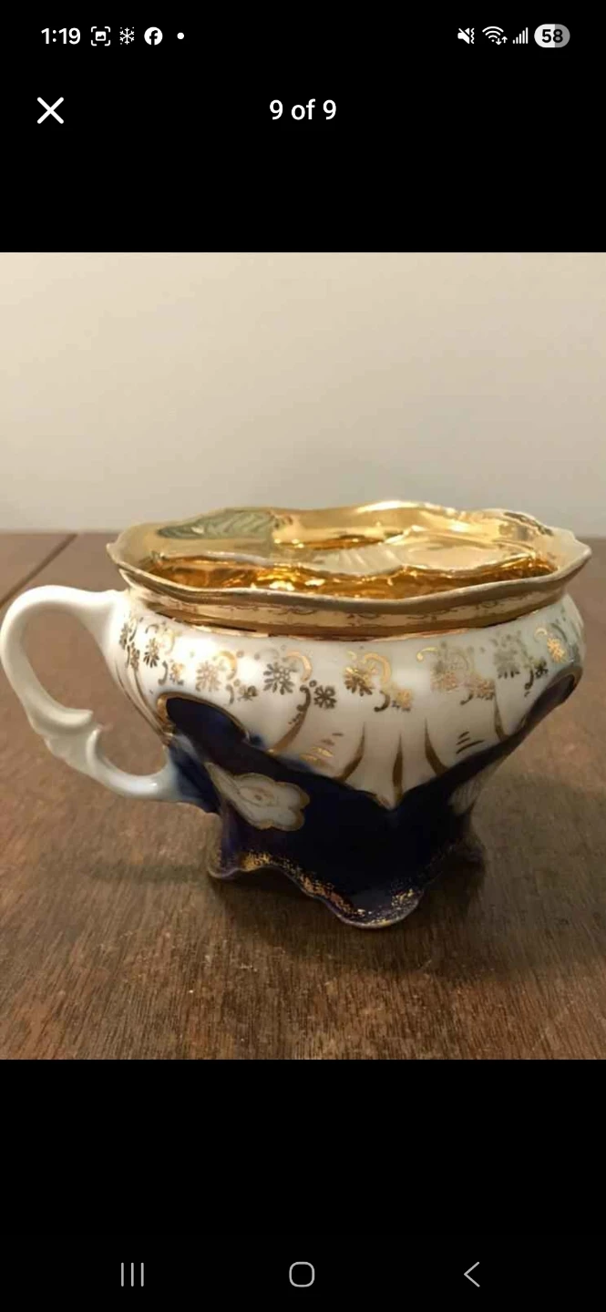 Vintage Mustache Cup with Gold Interior and Blue Accents