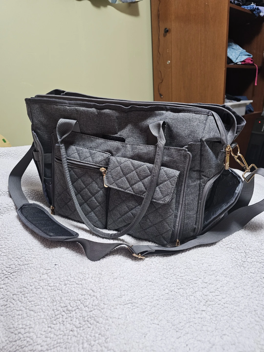 Grey Diaper Bag with Quilted Front