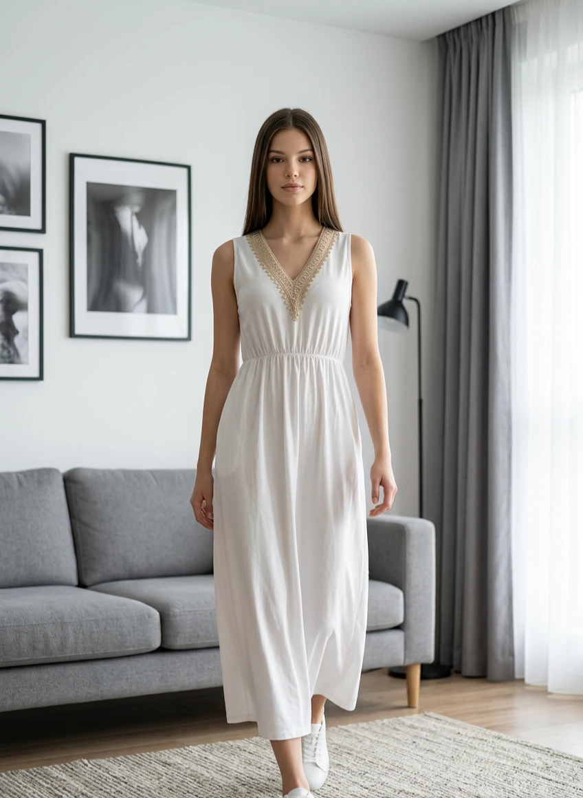 Women's White Sleeveless Maxi Dress with Lace Trim