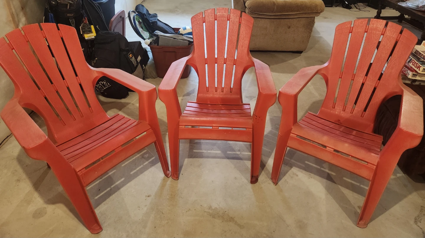 Set of 3 Red Plastic Adirondack Chairs