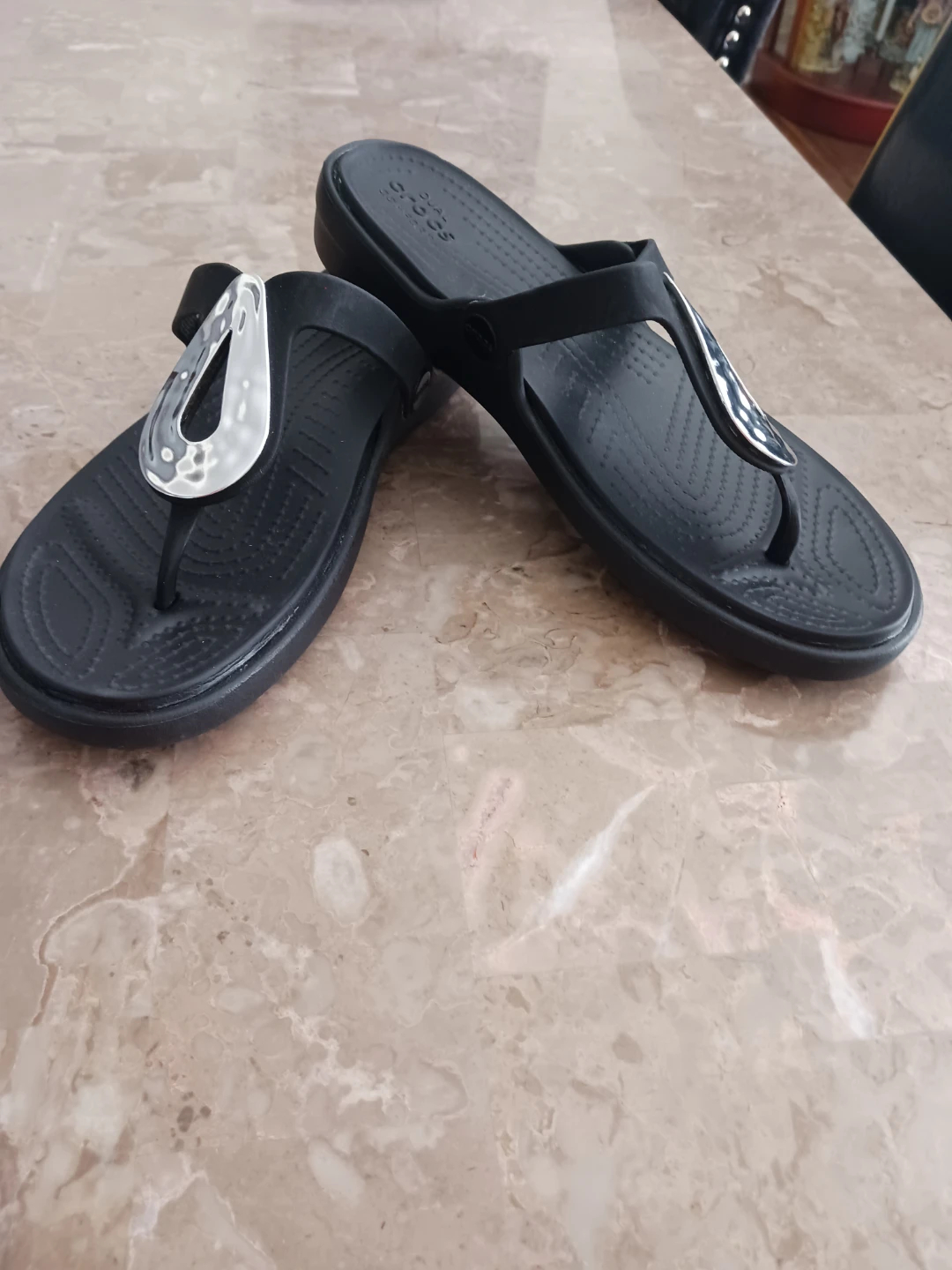 Black Crocs Flip Flops with Silver Detail