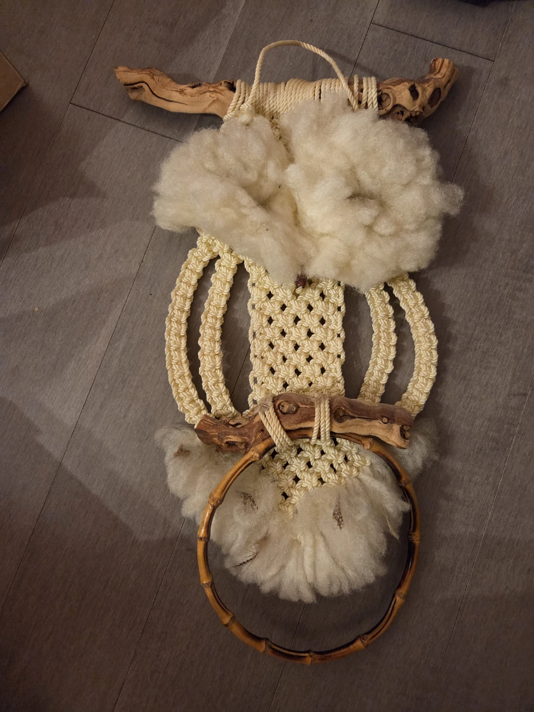 Boho Macrame Wall Hanging with Wood and Wool Accents